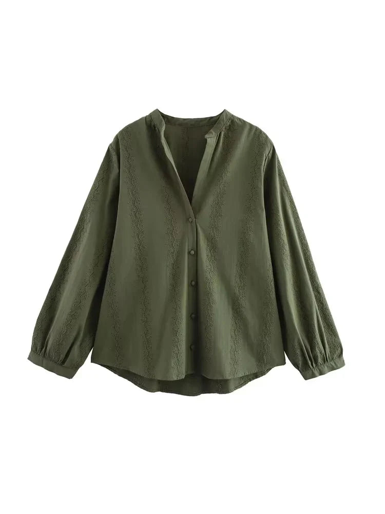 Womens Long Sleeve Cutwork Embroidery Shirt Chic Blouse with Front Covered Buttons Elegant Fashion Top