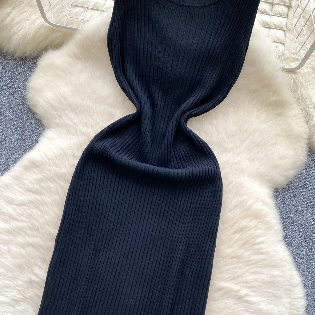 Knit Maxi Dress Women Sleeveless O Neck Bodycon Solid