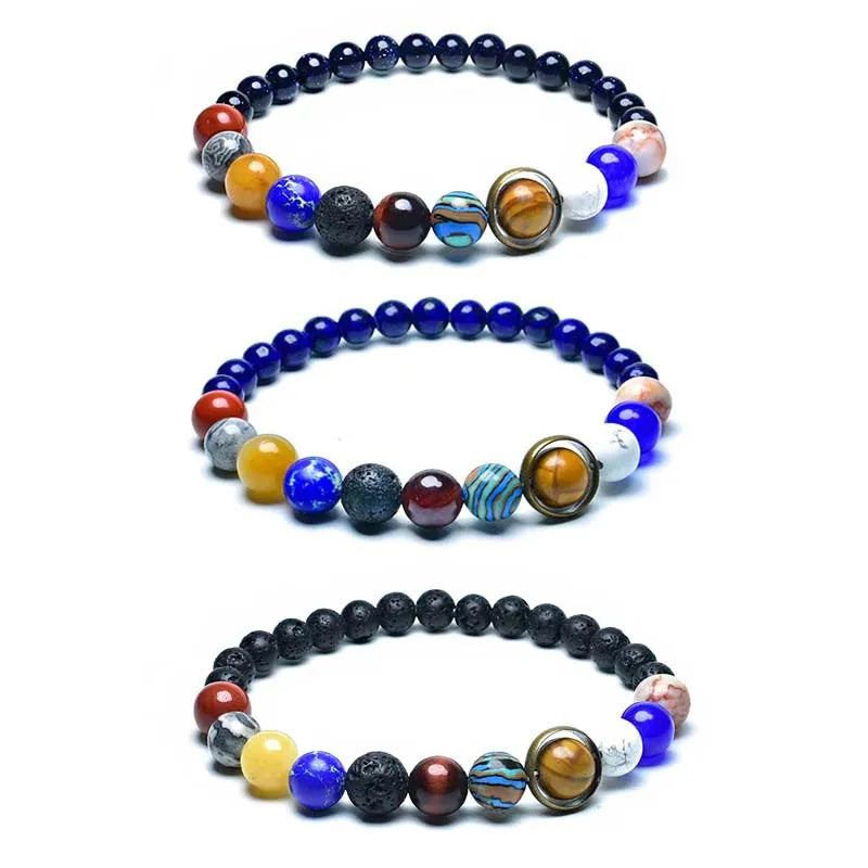 Unique Eight Planets Chakra Bracelet for Men and Women with Natural Volcanic Rock and Lapis Lazuli Beads