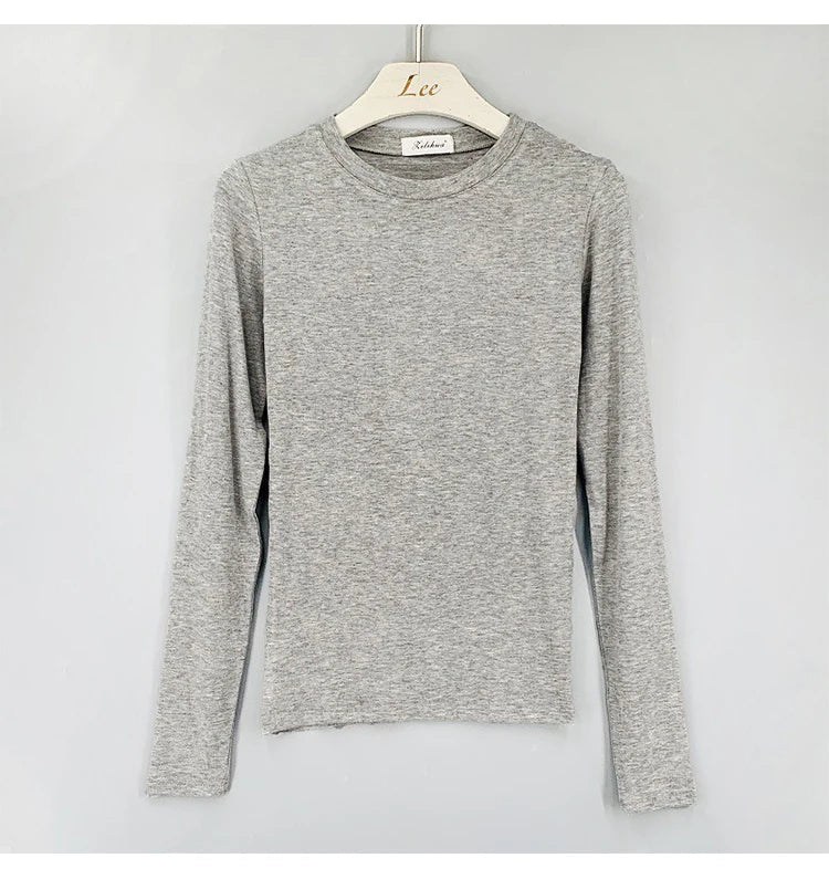 Korean Style Slim Fit Cotton Long Sleeve T Shirt for Women Soft Transparent Summer Tee