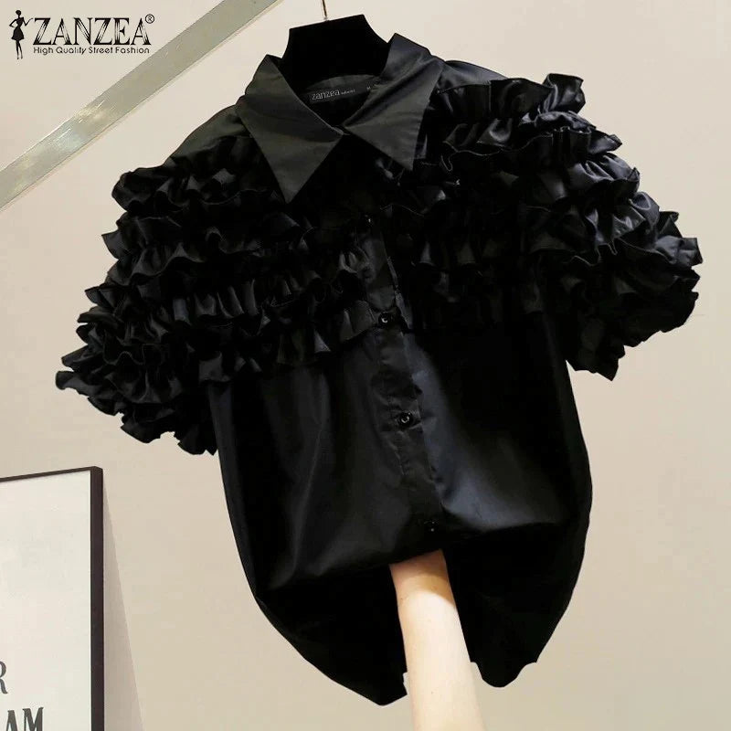 Women's Ruffle Trim Short Sleeve Blouse with Turn-Down Collar Casual Button-Up Solid Color Shirt