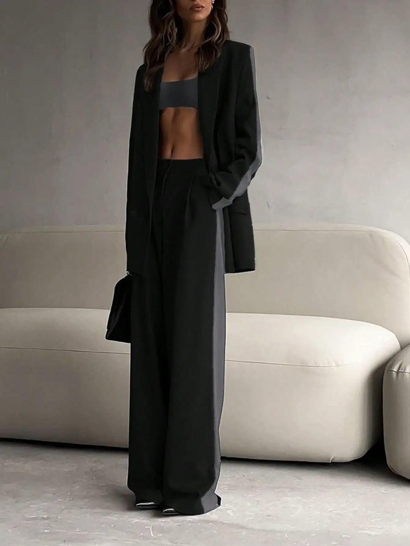 2 Piece Women's Business Suit Set with Contrast Color Blazer and Elastic Waist Straight Leg Pants for Elegant Office Style