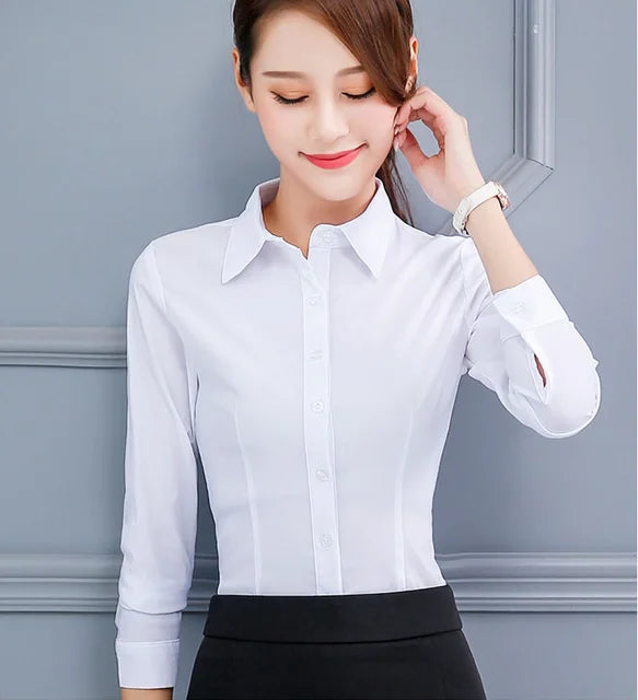 Women's Classic White and Pink Long Sleeve Shirts Elegant Blouses Basic Casual Tops for Ladies