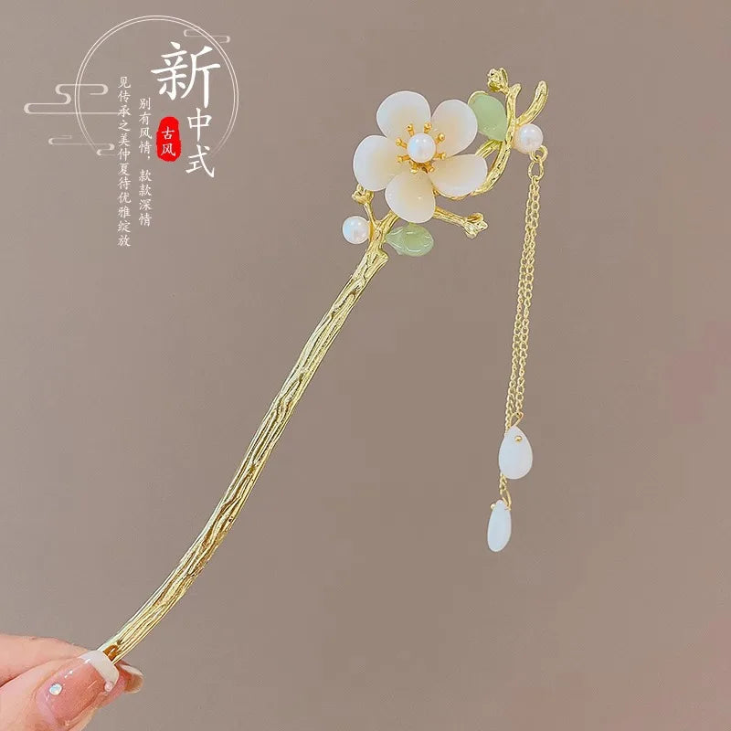 Elegant Enameled Flower Tassel Hair Clip Alloy Hairpin for Women Stylish Chinese Hair Accessory