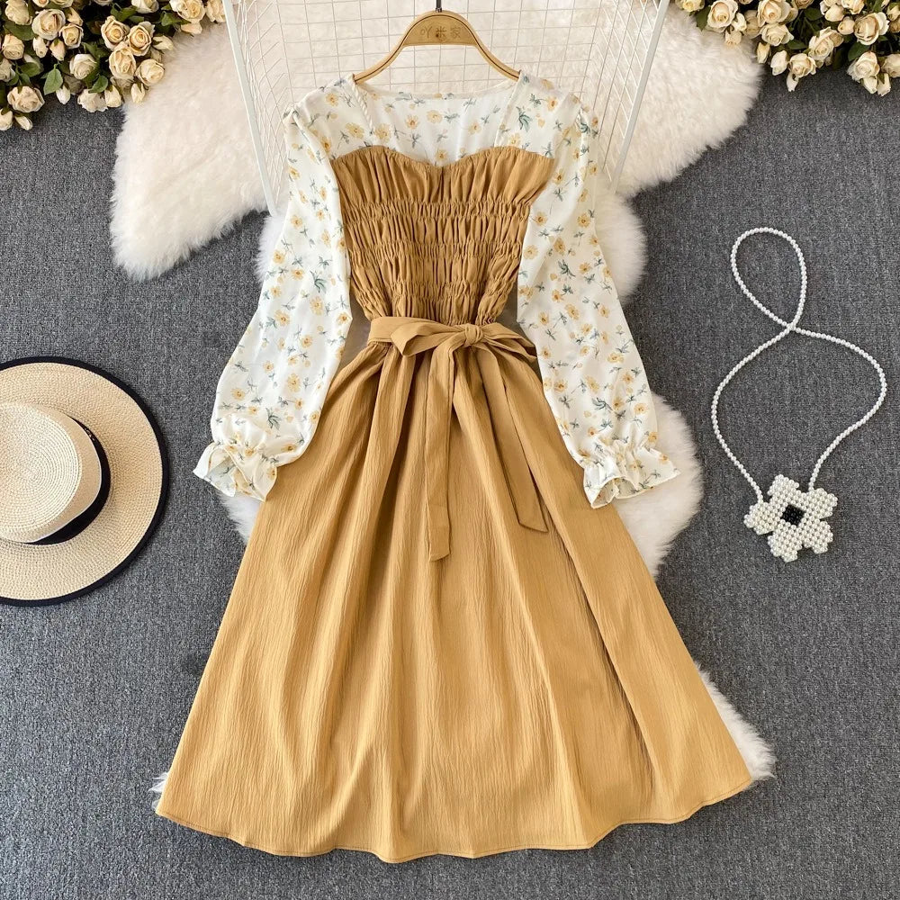 Floral Print Long Sleeve Womens Dress Vintage Bandage Waist