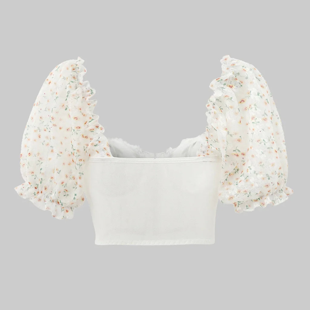 Sexy Lace Embroidered Hollow Out Short Sleeve Bodycon Blouse with Backless Design and Printed Puff Sleeves Slim Fit Crop Top