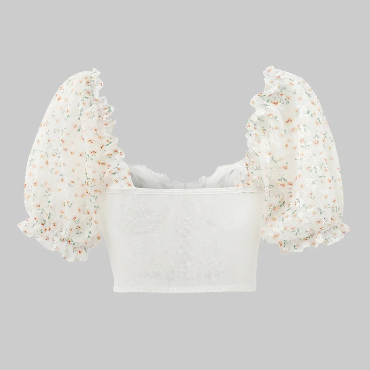 Sexy Lace Embroidered Hollow Out Short Sleeve Bodycon Blouse with Backless Design and Printed Puff Sleeves Slim Fit Crop Top