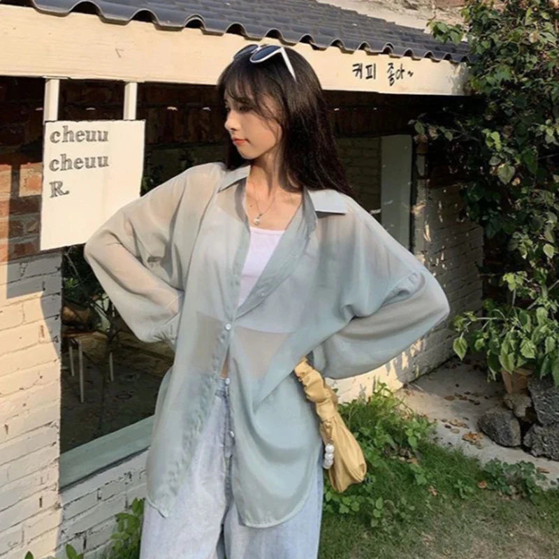 Women's Lightweight Sheer Chiffon Sunscreen Blouse Loose Fit Breathable Summer Shirt All Match Sun Protection Top