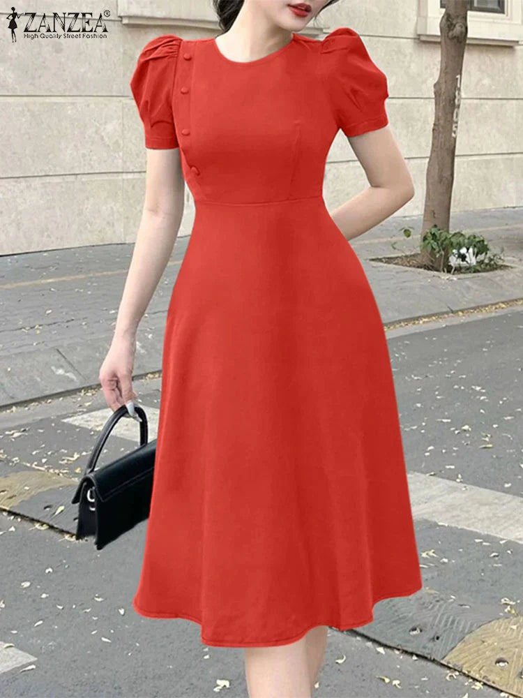 Elegant Short Puff Sleeve A Line Sundress for Office