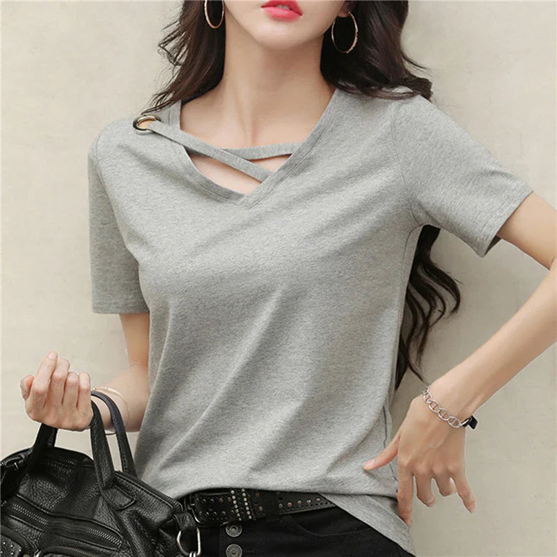 Casual Women V-Neck Loose White T-Shirt Summer Short Sleeve Polyester Top