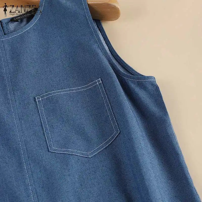 Denim Midi Dress for Women Sleeveless O Neck Blue Casual