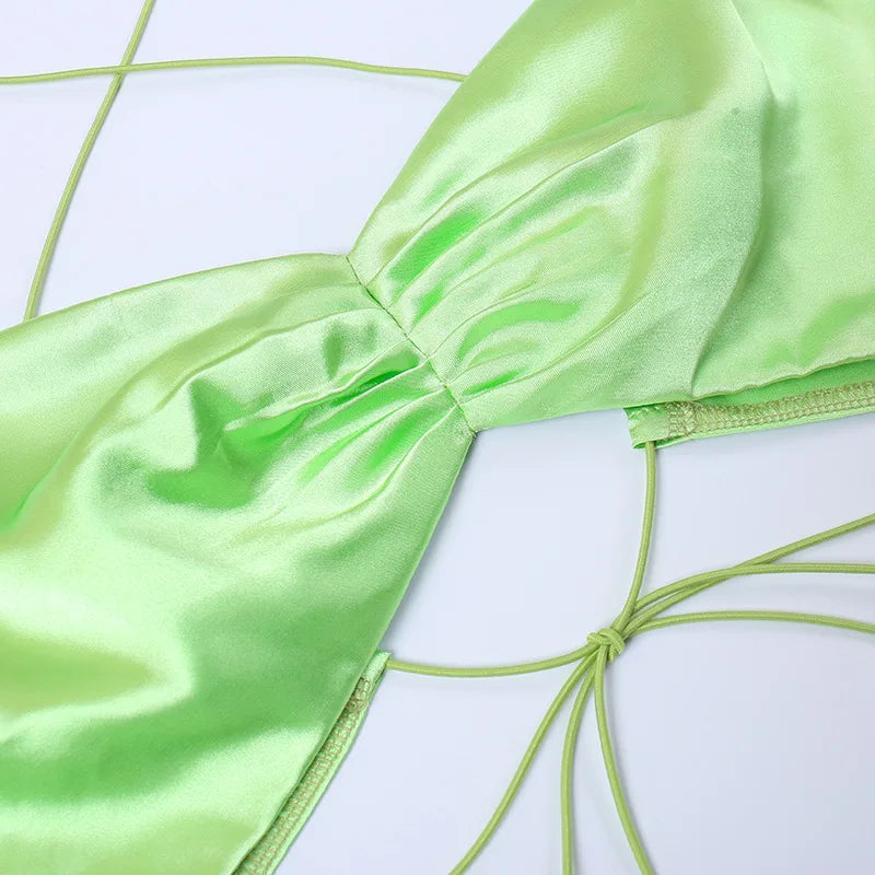 Two Piece Strapless Rope Halter Satin Bikini Set For Beach