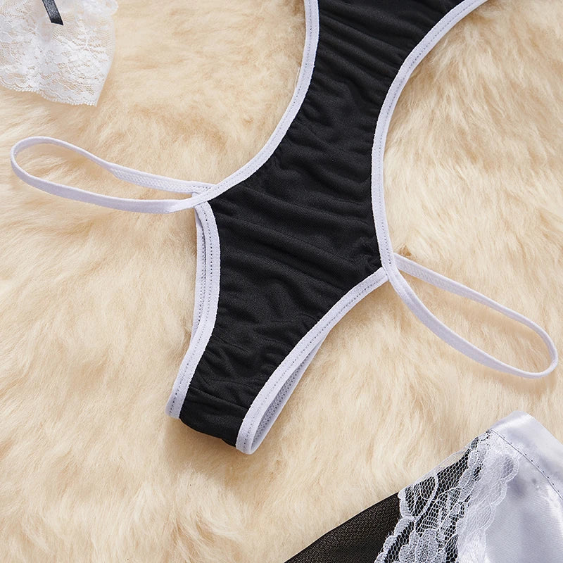 Sexy Lace-Up Lingerie Bodysuit Set with Mini Skirt Backless Patchwork Lace Edge Hollow Cosplay Maid Uniform