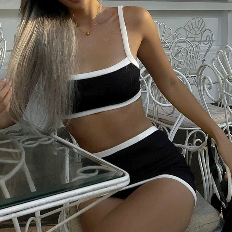 Casual Sporty Women Two Piece Set High Streetwear Patchwork Slip Tank Top with Skinny Elastic Mini Skirt