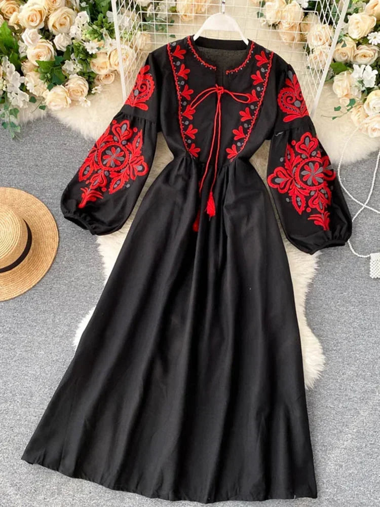 Bohemian Embroidered Floral Dress With Lantern Sleeve