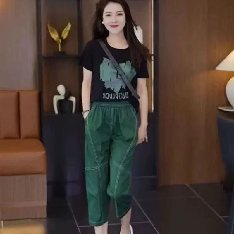 Women's Casual Summer Two Piece Set with Short Sleeve T-Shirt and Calf-Length Pants