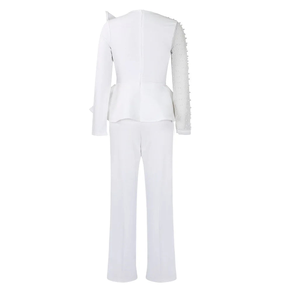 Elegant High Waisted Jumpsuit for Women with Round Neck Beaded Detail and Transparent Sleeves Perfect for Birthday Parties and Special Occasions