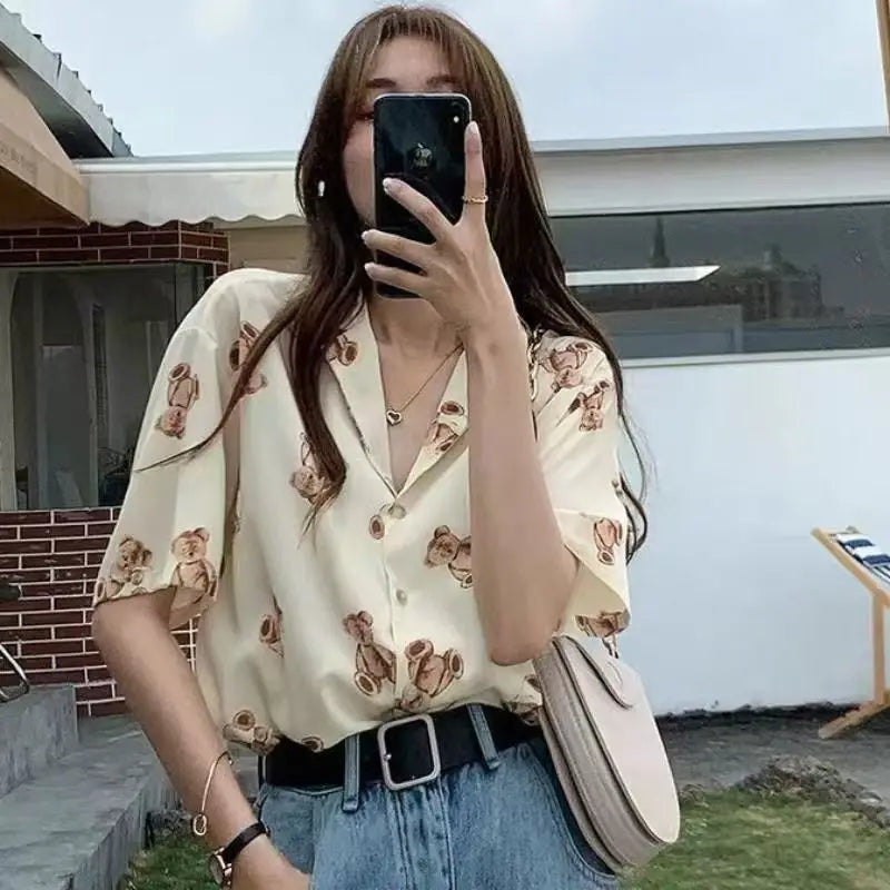 Summer Women's Chiffon Bear Print Short Sleeve T-Shirt Loose Vintage Casual Blouse Lightweight Korean Fashion Top for Ladies