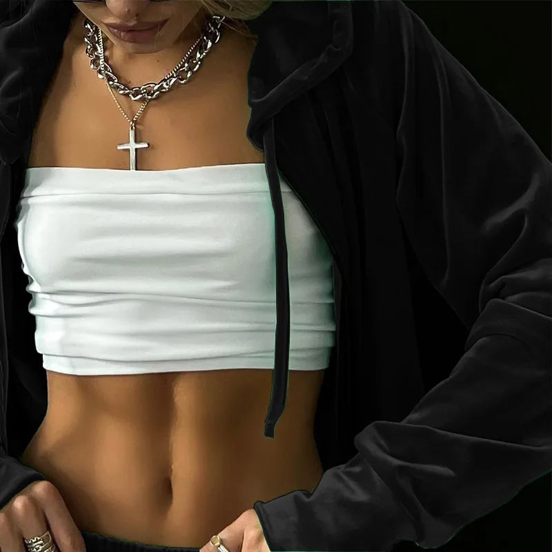 Velvet Tracksuit Women Two Piece Set with Zipper Crop Coat and Long Pants Casual Outfit