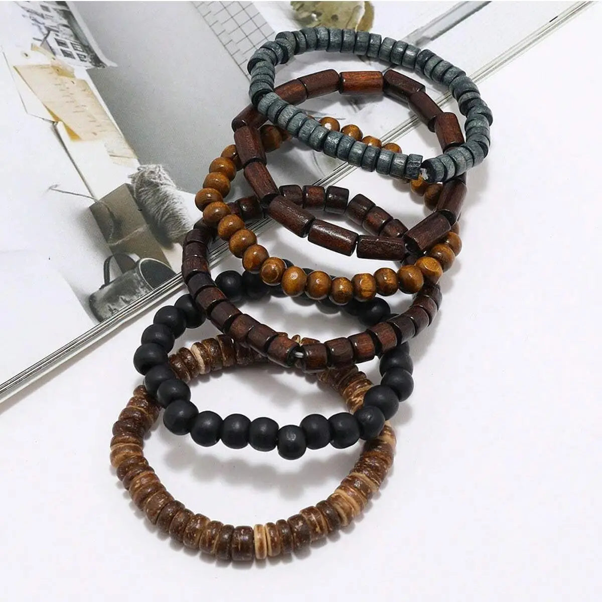 6PCS Wood Bead Leather Bracelet Set for Men Vintage Braided Wrap Fashion Armband