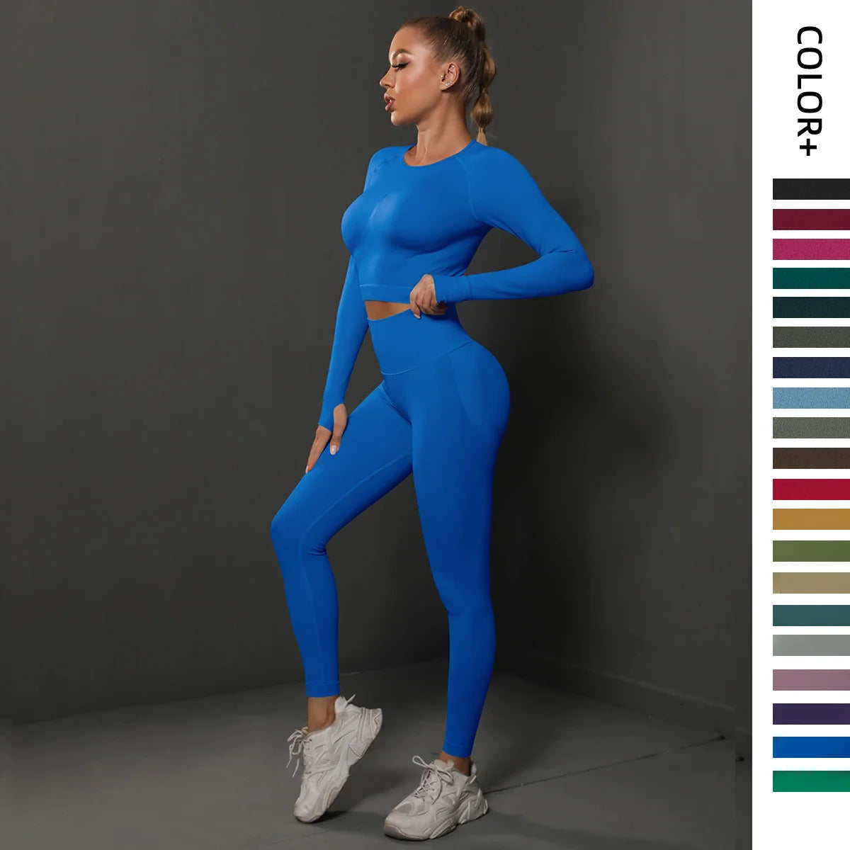 2Pcs Women Seamless Energy Gym Set Bubble Butt Sports Leggings and Long Sleeve Push Up Running Tracksuit Tights Activewear Set