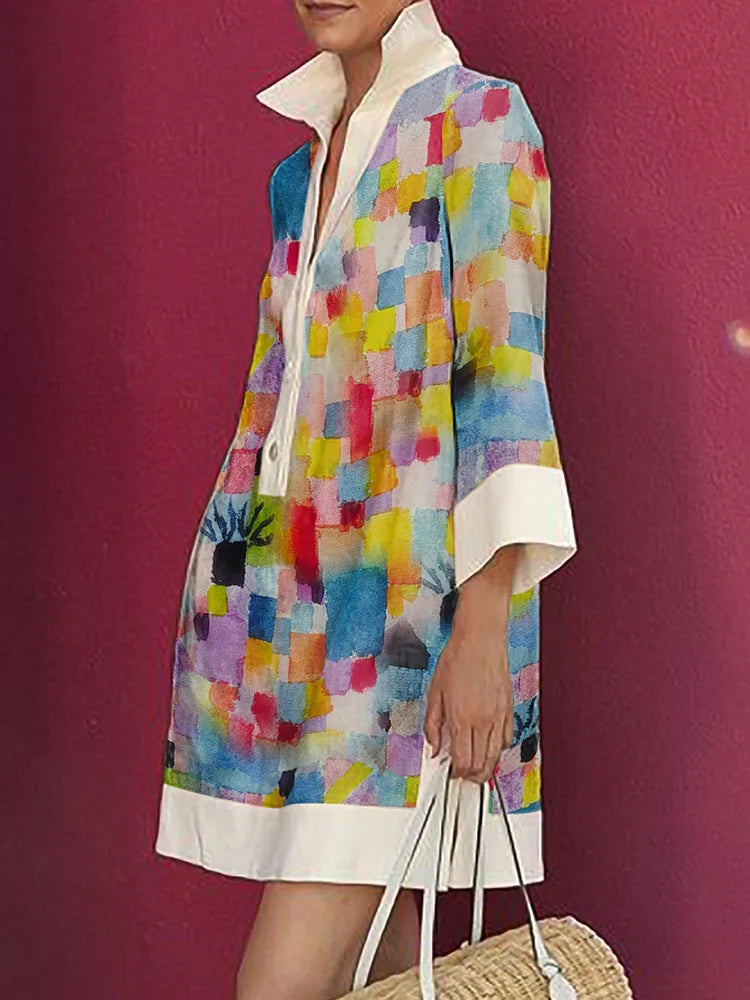 Casual Long Sleeve Printed Lapel Shirt Dress Mini Length