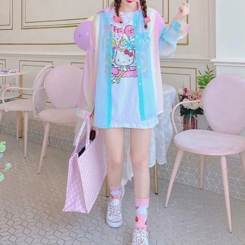 Sheer Long Sleeve Gradient Rainbow Blouse Casual Loose Fit Office Shirt for Women