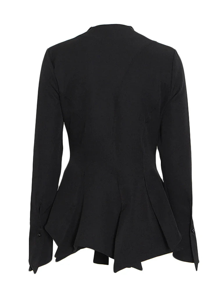 Solid Patchwork Folded Lapel Blouse for Women Long Sleeve Spliced Single Breasted Minimalist Casual Shirt