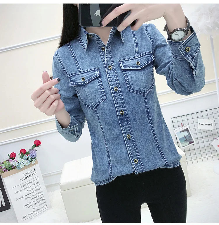 Women's High Quality Denim Shirt Long Sleeve Single Button Blouse with Pockets Casual Korean Style Autumn Winter Top