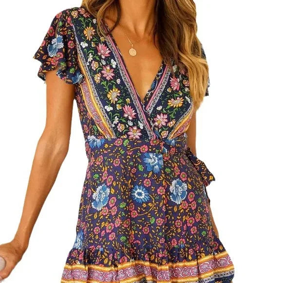 Bohemian Printed Dress With V Neck Lace Up Short Skirt