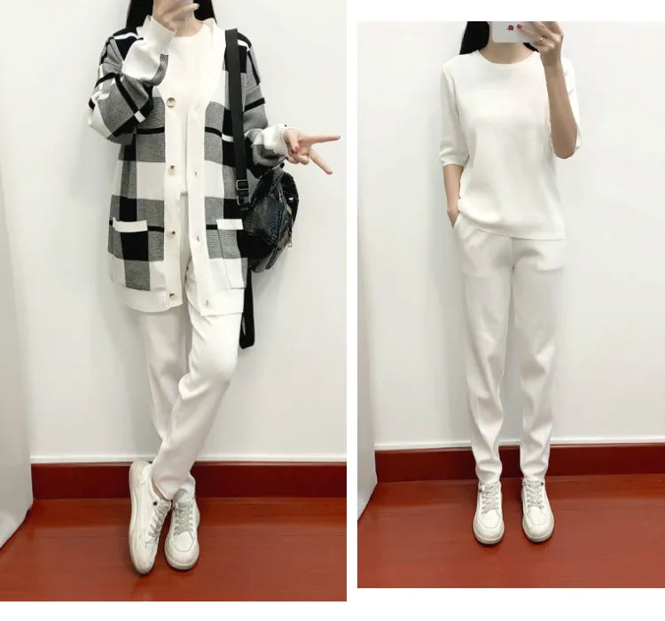 Autumn Winter Women's Plaid Knit Cardigan Tracksuit Set with Short Sleeve Top and Solid Harem Pants 3 Piece Cozy Sweater Coat Ensemble