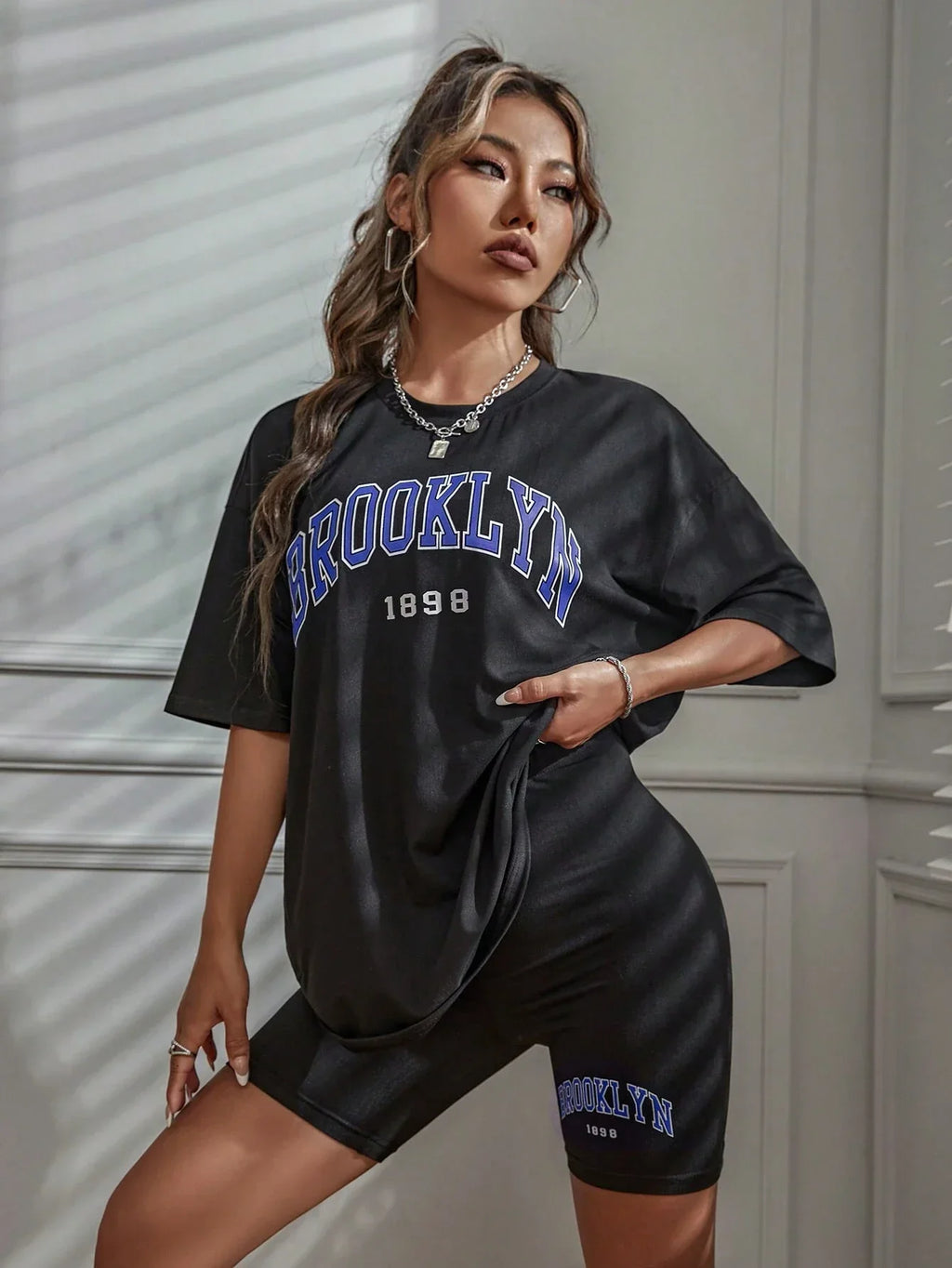 Brooklyn 1898 New York City Letter Graphic Cotton T-Shirt and Oversized Shorts Two-Piece Summer Casual Set for Women S-XL
