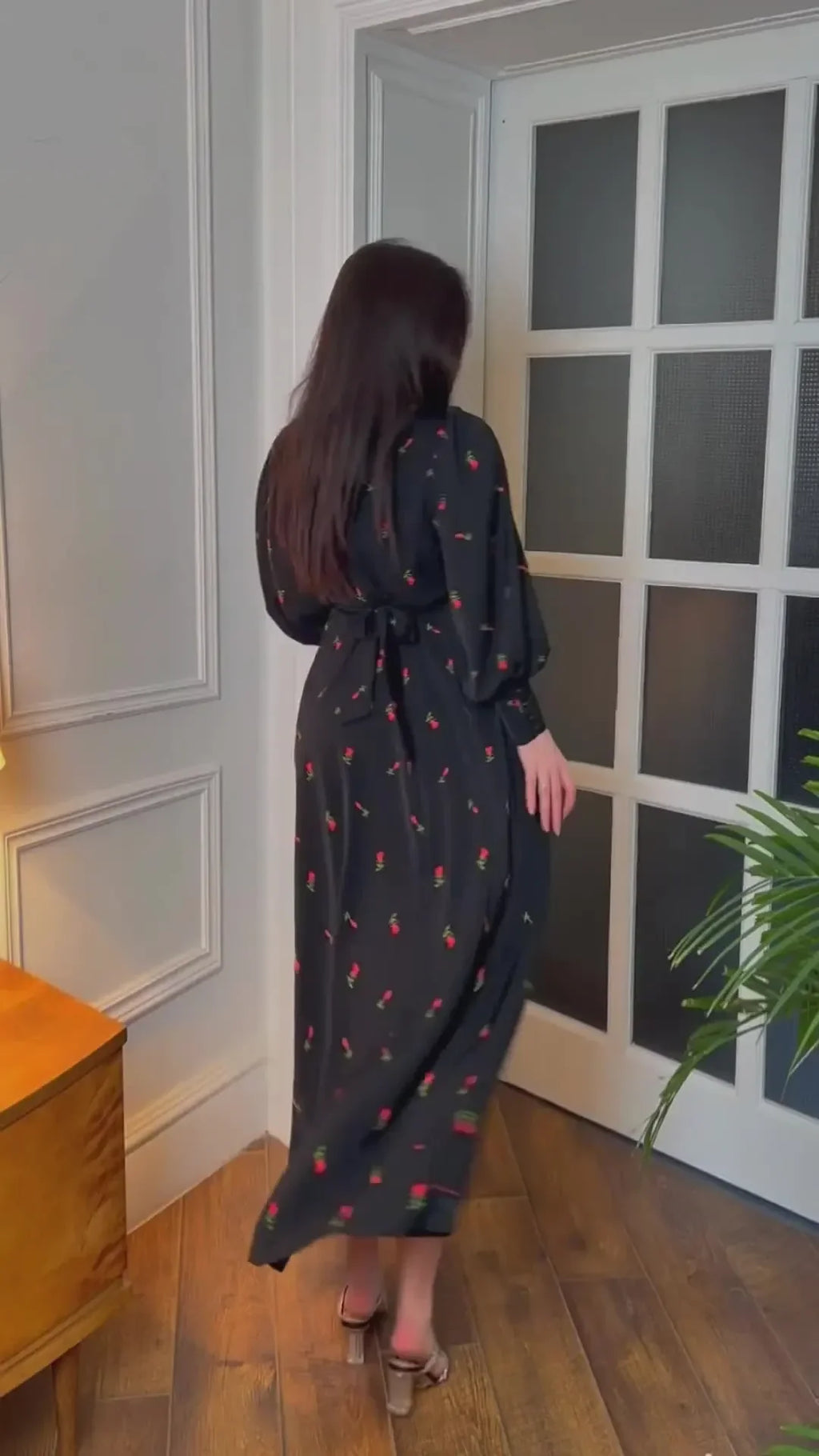 Black Print Dress For Women O Neck Long Sleeve Lace Up