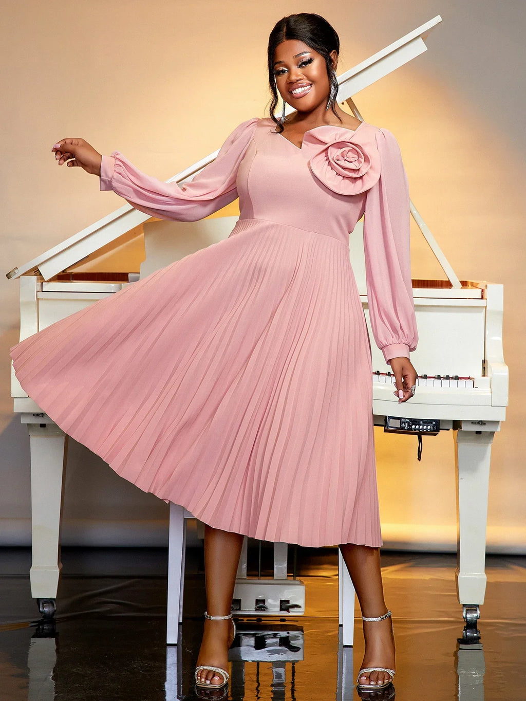 Pink Pleated Church Dress With 3D Rose For Wedding Guest