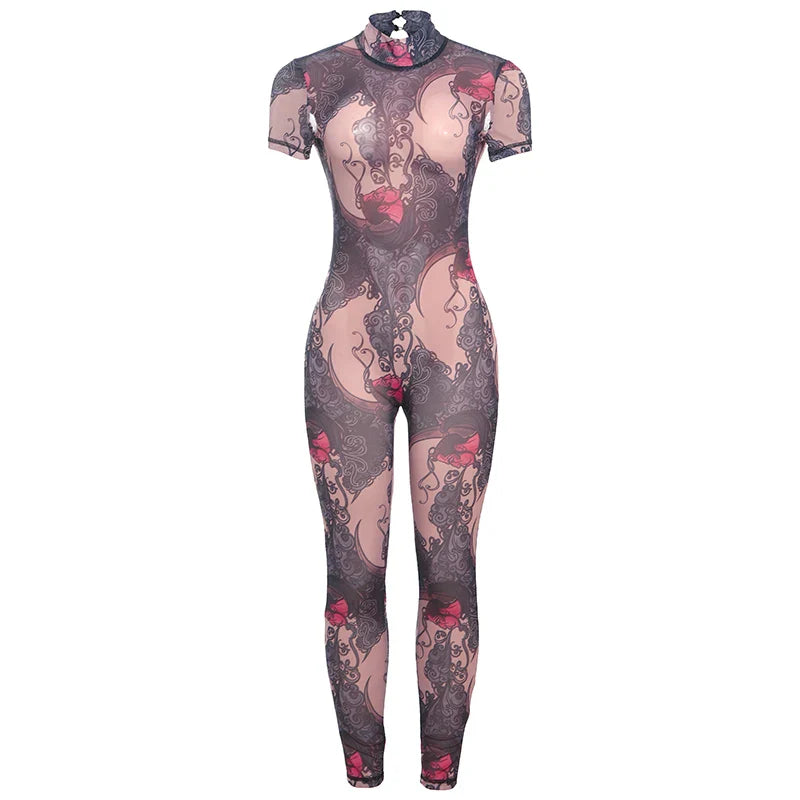 Colorful Mesh Print Jumpsuit for Women Sheer Backless Summer Clubwear Peach Buttocks Contour Tight Fit Overalls