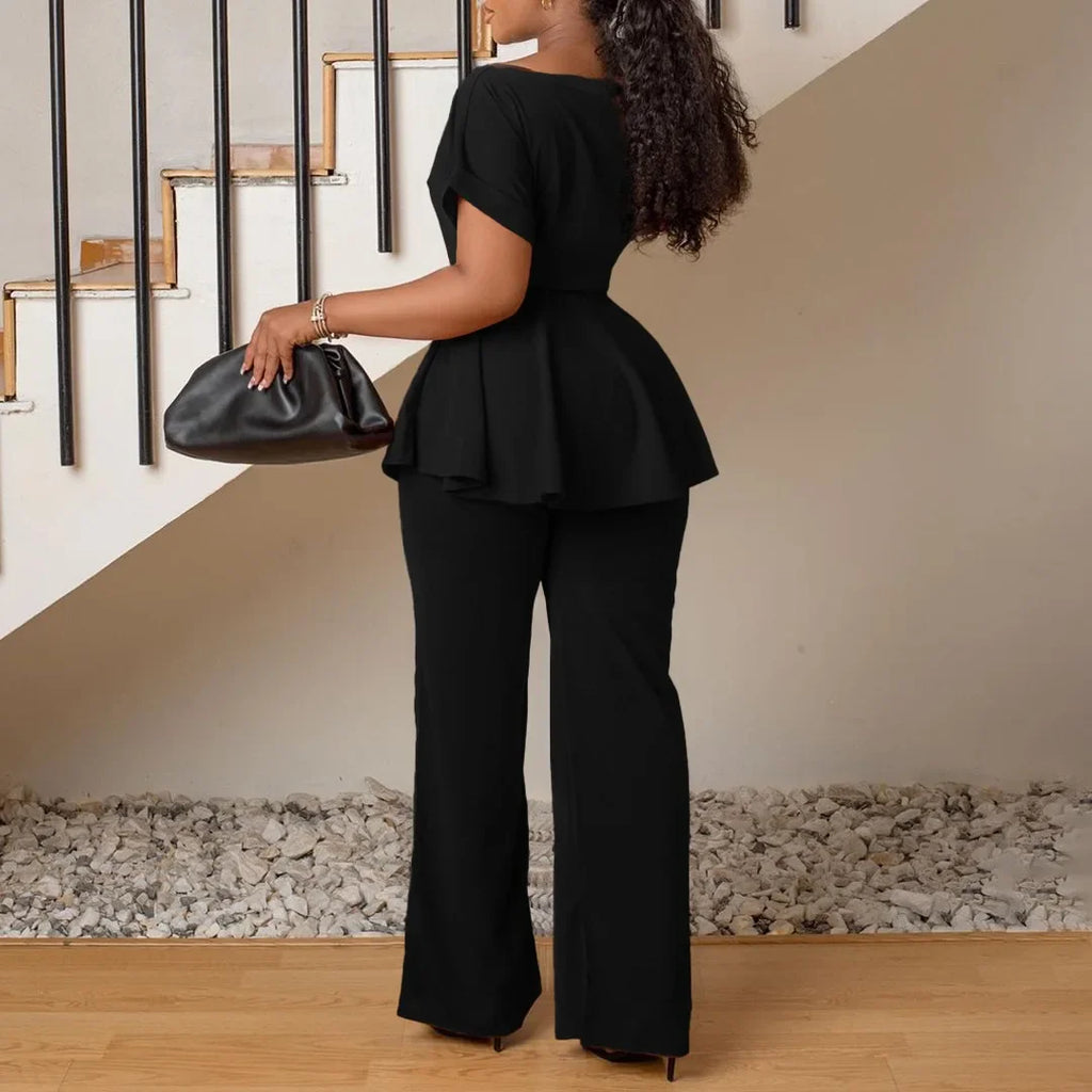 Women's Elegant 2 Piece Pants Set with Solid Blouse Short Sleeve O Neck and Long Trousers