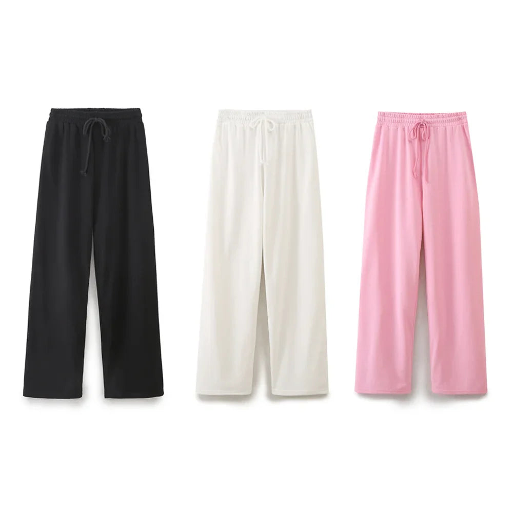 Women's Solid Casual Trouser Set with Short Sleeve T-Shirt and Elastic Waist Wide Leg Pants