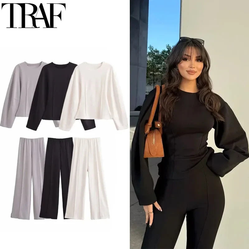 Pleated Long Sleeve Two Piece Pant Set for Women Comfortable Spring Sweatsuit