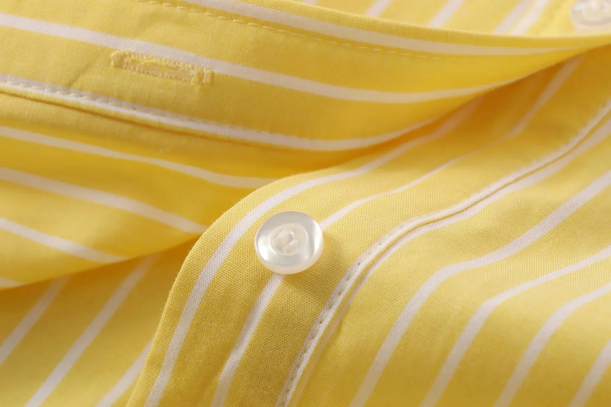 Casual Women Striped Butter Yellow Shirt Vintage Thin Fabric Turn-Down Collar Single Breasted Button-Up Top
