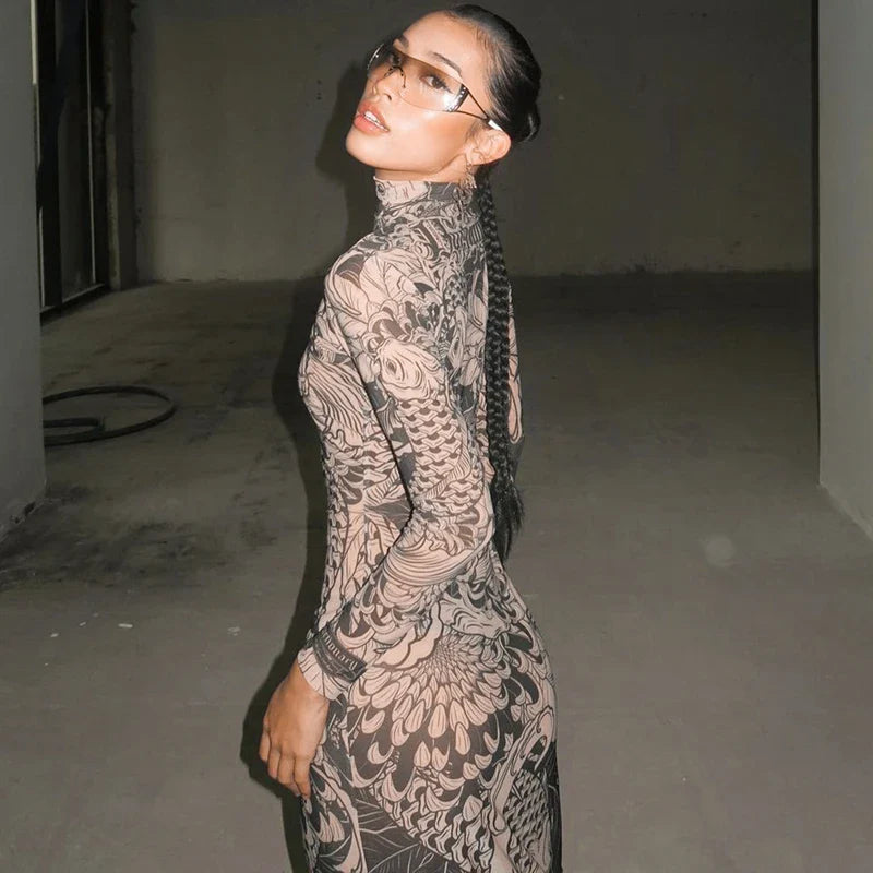 Women Mesh See Through Bodycon Long Sleeve Dress Autumn