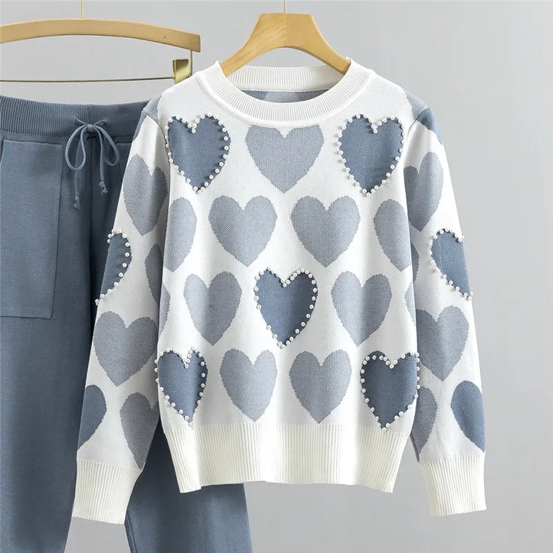 Chic Women's Knit Sweater 2-Piece Set with Embroidered Beaded Heart Pullover and Spring Harem Pants Sporty Tracksuit Lounge Ensemble