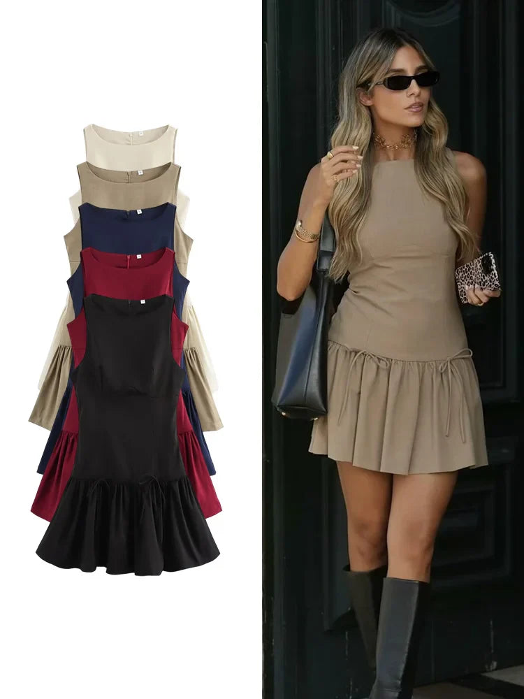 Bow Embellished Sleeveless Pleated Patchwork Dress Women