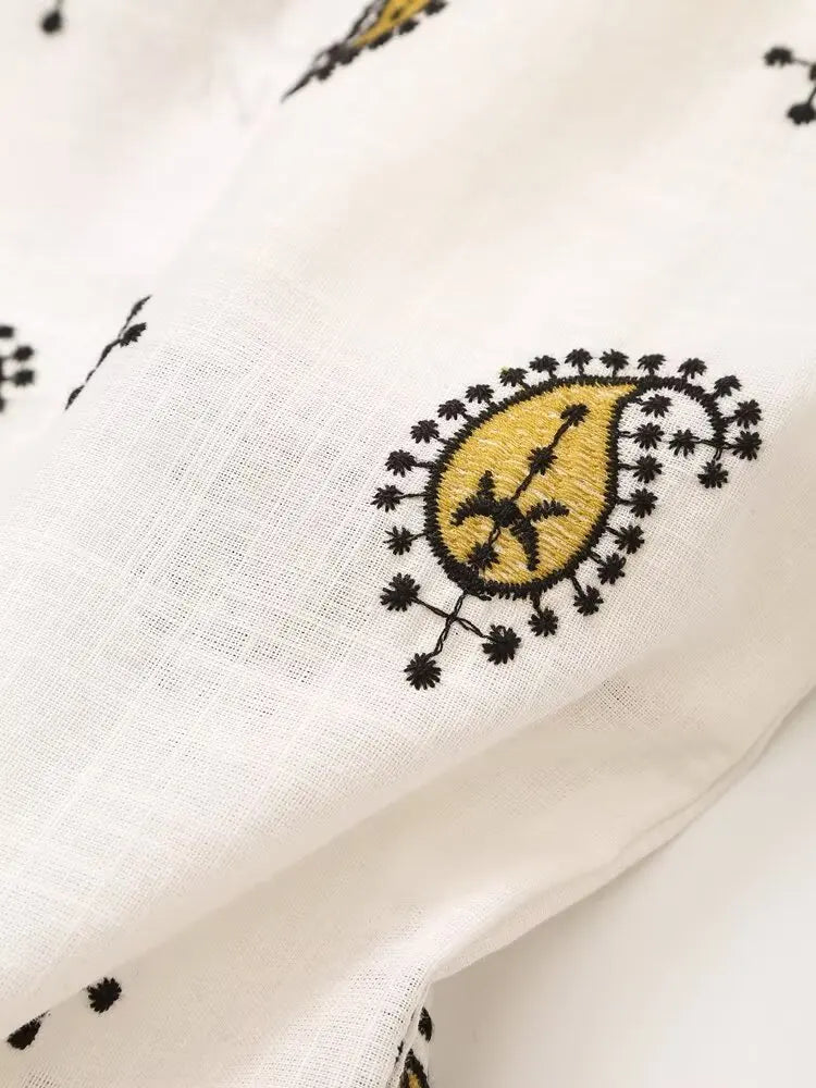 Vintage Women Embroidered Cardigan Coat and Wide Leg Trousers 2 Piece Outfit Set