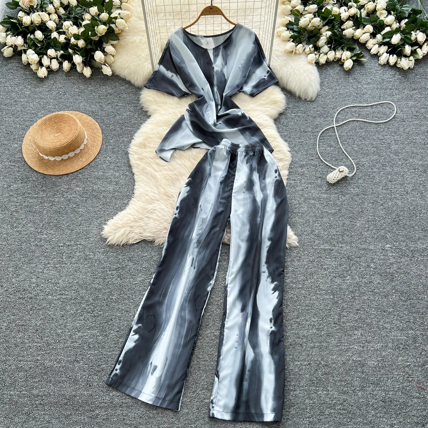 Printed Women Summer Fashion Two Piece Set with Short Sleeve Top and Wide Leg Long Pants for Casual Streetwear Outfits