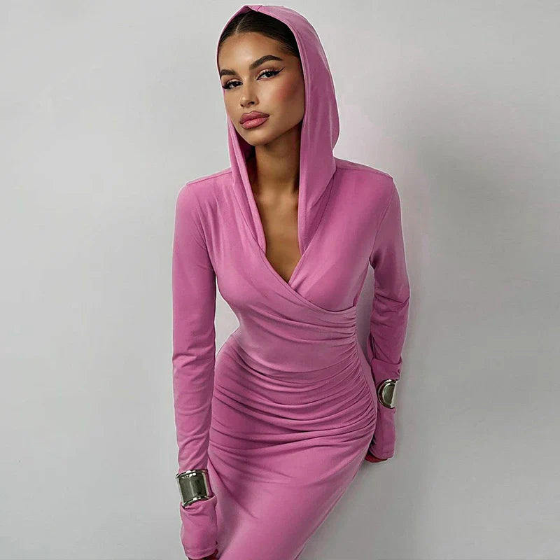 V Neck Solid Maxi Dress With Draped Silhouette Long Sleeve