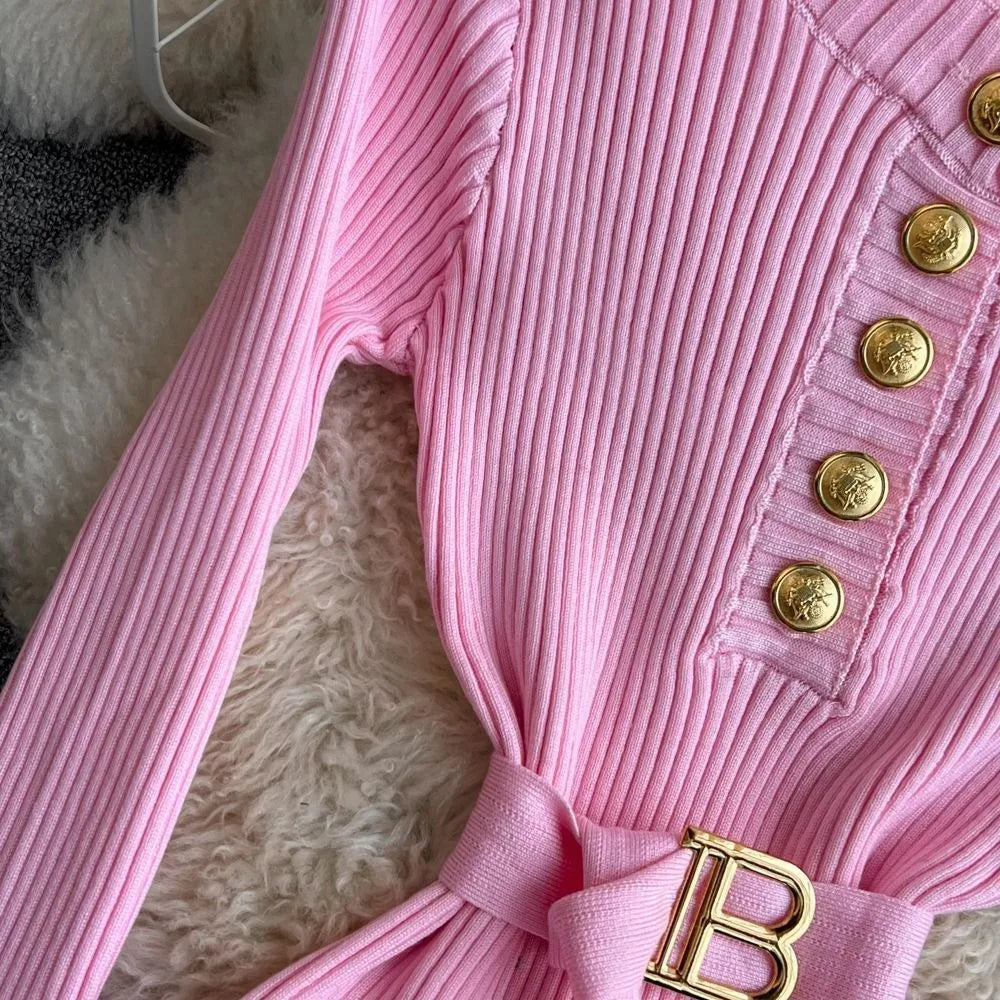 Knitted Sweater Dress With O Neck Belt For Autumn Winter