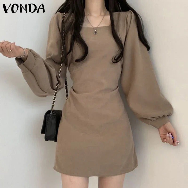 Women Square Collar Mini Dress Summer Sundress Chic