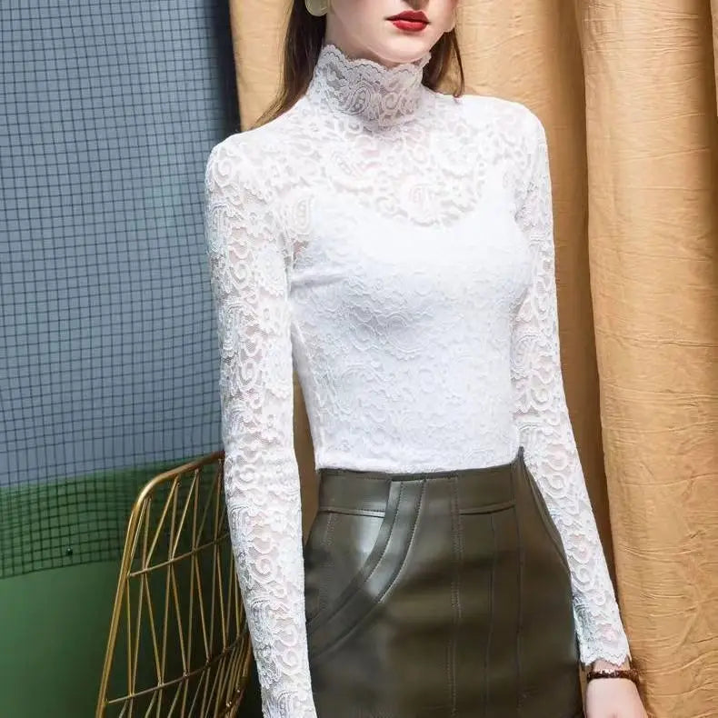 Thick and Thin Fleece Women's Long Sleeve High Neck Lace T-Shirt for Office and Casual Wear