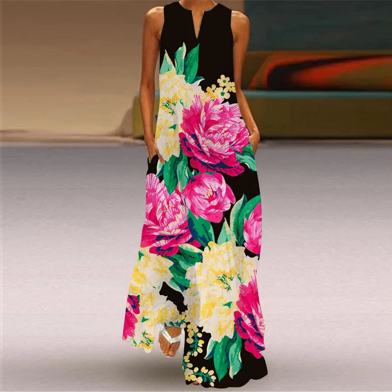 Womens Sleeveless V Neck Printed Maxi Dress For Summer