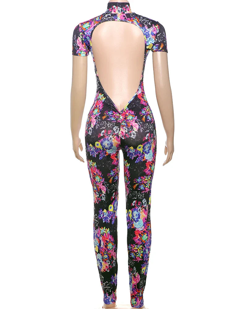 Backless Leopard Print Peach Buttocks Jumpsuit Women Short Sleeve Fitness Summer Streetwear Workout Overalls